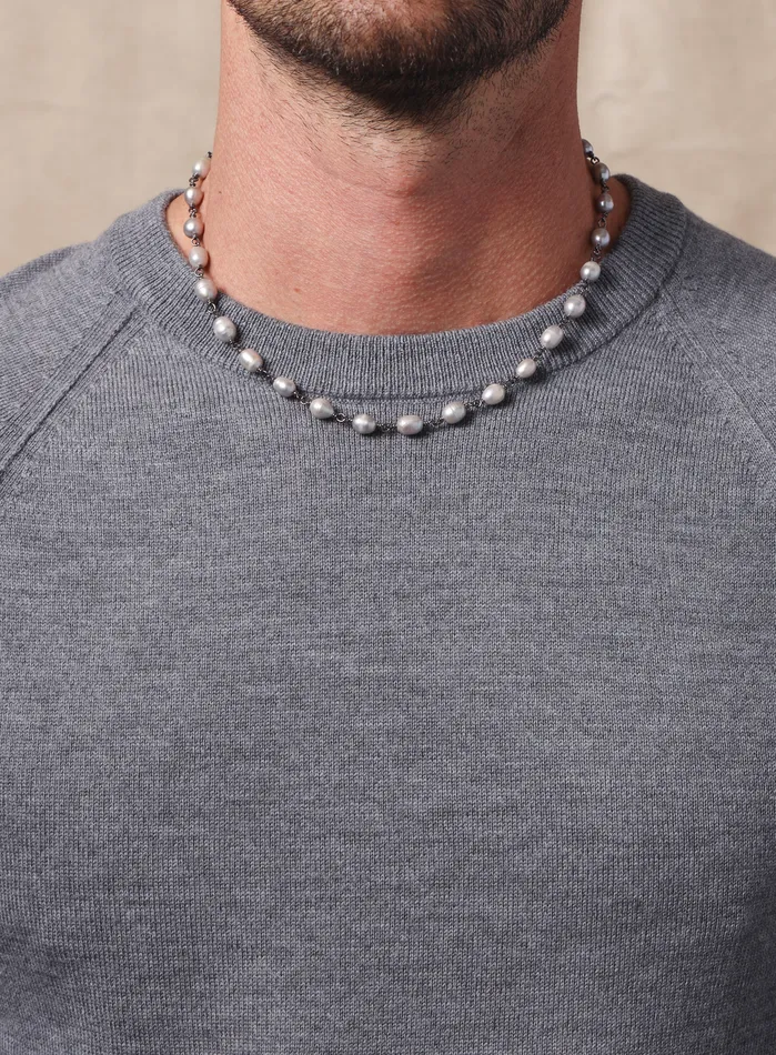 925 Oxidized Sterling Silver Gray Pearls Necklace for Men WE ARE ALL SMITH Mens Jewelry Clothing Necklaces