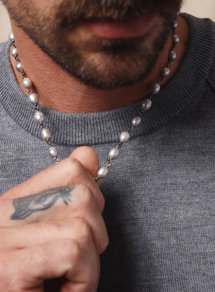 925 Oxidized Sterling Silver Gray Pearls Necklace for Men WE ARE ALL SMITH Mens Jewelry Clothing Necklaces