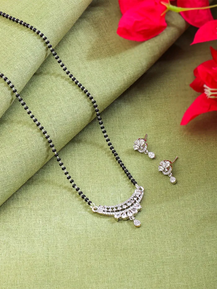 Bracelets Yellow Chimes Silver Plated AD Mangalsutra Set Traditional Elegance Adjustable SHook 42 cm BlackSilver