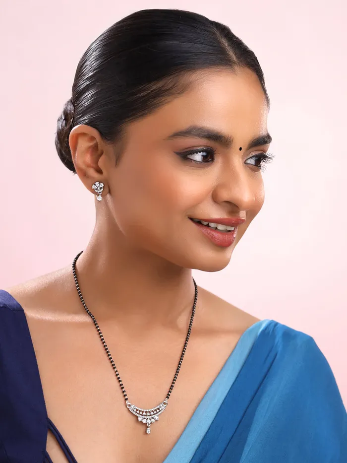 Bracelets Yellow Chimes Silver Plated AD Mangalsutra Set Traditional Elegance Adjustable SHook 42 cm BlackSilver