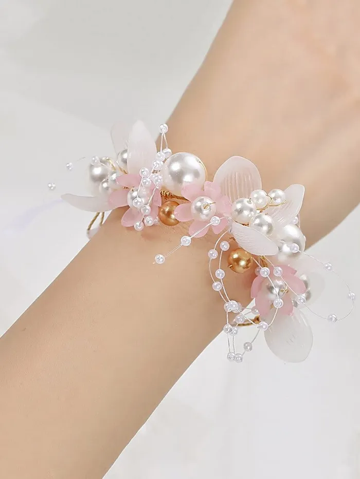 Earrings Yellow Chimes Yellow Chimes Bracelet for women and Girls Pink white Floral Bracelets for Women Bridal Wedding Bracelet Fabric Wrist Band Pink Pearl Hand Bracelet For Women and Girls Design 4