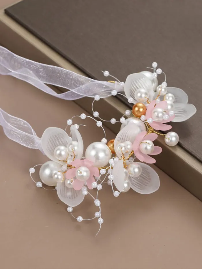 Earrings Yellow Chimes Yellow Chimes Bracelet for women and Girls Pink white Floral Bracelets for Women Bridal Wedding Bracelet Fabric Wrist Band Pink Pearl Hand Bracelet For Women and Girls Design 4