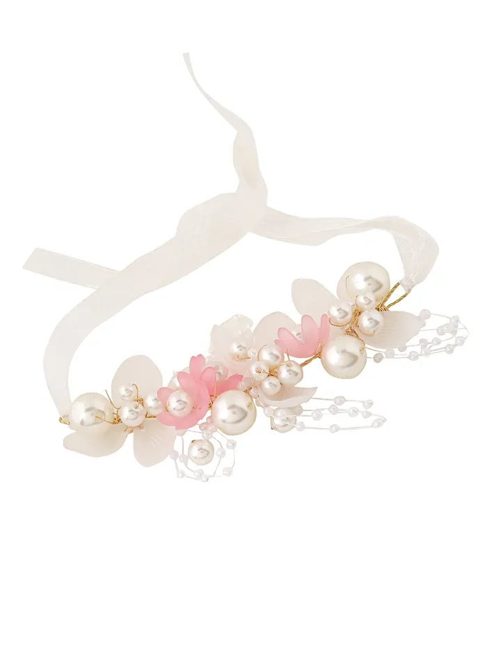 Earrings Yellow Chimes Yellow Chimes Bracelet for women and Girls Pink white Floral Bracelets for Women Bridal Wedding Bracelet Fabric Wrist Band Pink Pearl Hand Bracelet For Women and Girls Design 4