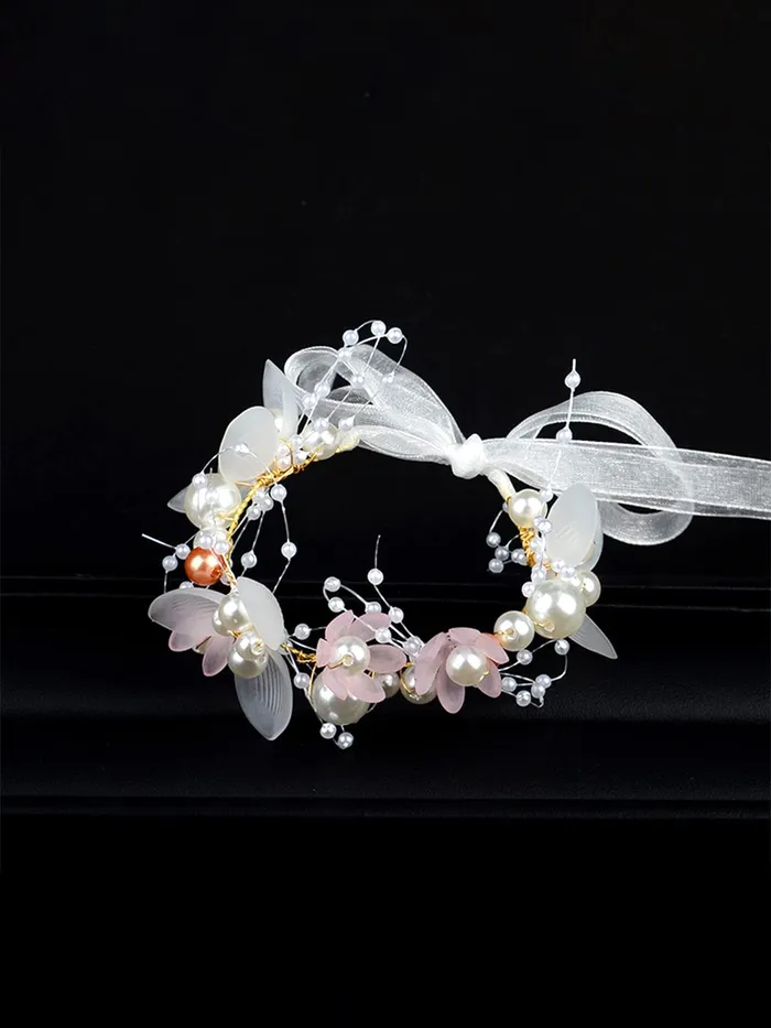Earrings Yellow Chimes Yellow Chimes Bracelet for women and Girls Pink white Floral Bracelets for Women Bridal Wedding Bracelet Fabric Wrist Band Pink Pearl Hand Bracelet For Women and Girls Design 4