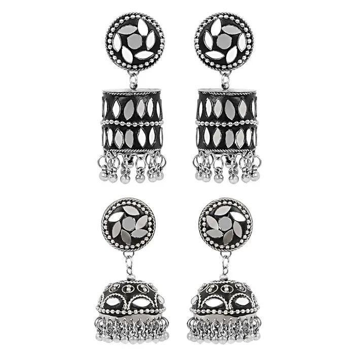 Earrings Yellow Chimes Yellow Chimes Combo of 2 Pairs Traditional Silver Oxidised Mirror Worked Jhumka Jhumki Earrings for Women and Girls