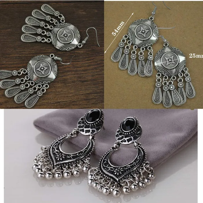 Earrings Yellow Chimes Yellow Chimes Oxidized Silver Combo 2 Pairs Stylish Fancy Traditional Chandbali Earrings For Women Girls