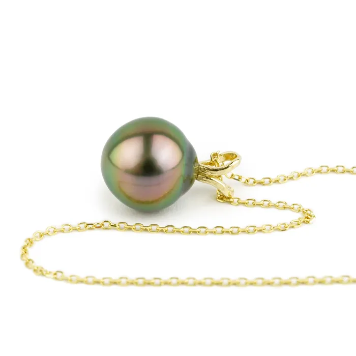 Flashy Aubergine 95mm Tahitian Pearl Ia Necklace on 14K Yellow Gold Kamoka Pearl Necklaces