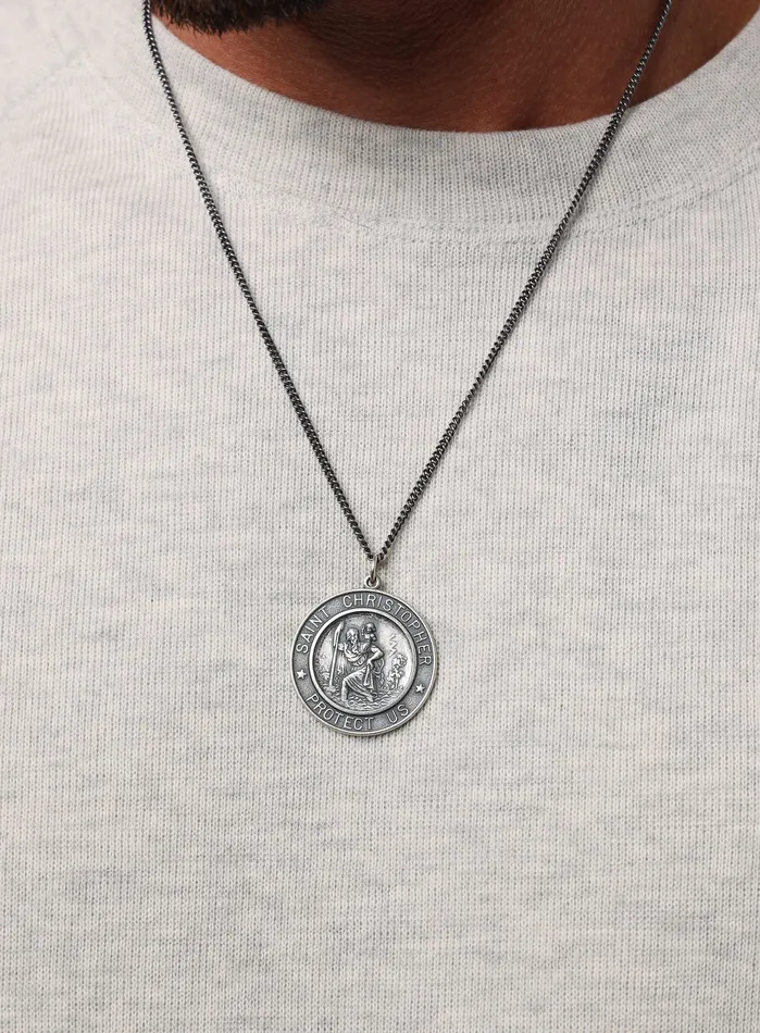 Necklaces WE ARE ALL SMITH Extra Large Saint Christopher Round Shape Pendant Necklace for Men