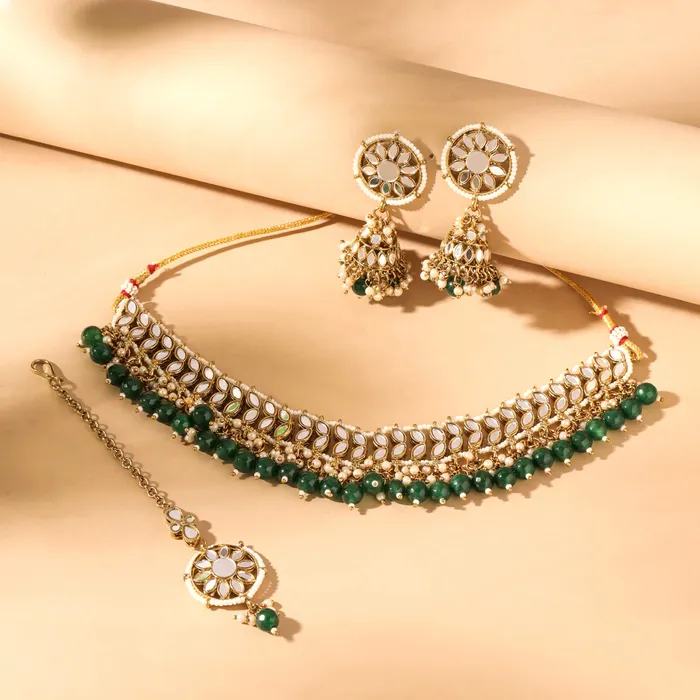 Necklaces Yellow Chimes Yellow Chimes Jewellery Set for Women and Girls Beads Necklace Set for Women Gold Tone Green Beads Beaded Choker Necklace Set Birthday Gift for girls and women Anniversary Gift for Wife