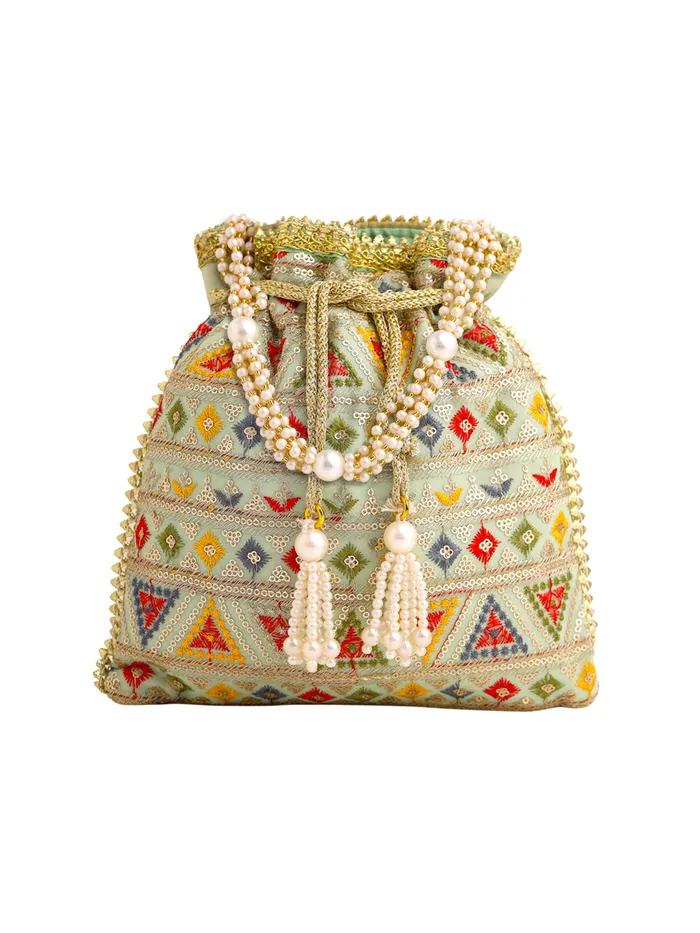 Potli Bags for Ladies Ethnic Handmade Embroidery 21x21cm Multicolor Yellow Chimes Necklaces Potli Bags for Ladies Ethnic Handmade Embroidery 21x21cm Multicolor Yellow Chimes Necklaces