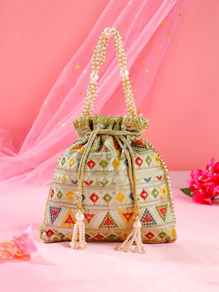 Potli Bags for Ladies Ethnic Handmade Embroidery 21x21cm Multicolor Yellow Chimes Necklaces