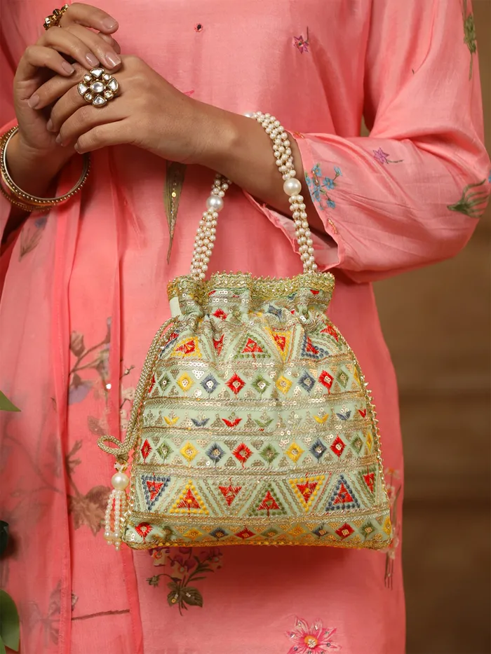 Potli Bags for Ladies Ethnic Handmade Embroidery 21x21cm Multicolor Yellow Chimes Necklaces