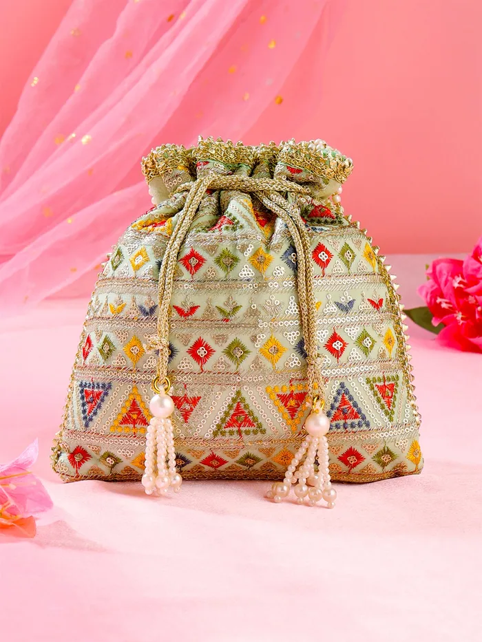 Potli Bags for Ladies Ethnic Handmade Embroidery 21x21cm Multicolor Yellow Chimes Necklaces