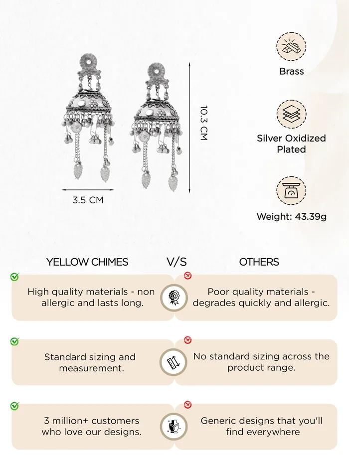 Yellow Chimes Earrings for Women and Girls Traditional Silver Oxidised Jhumka Earrings German Silver Big Jhumki Earrings Birthday Gift For girls and women Anniversary Gift for Wife Yellow Chimes Rings