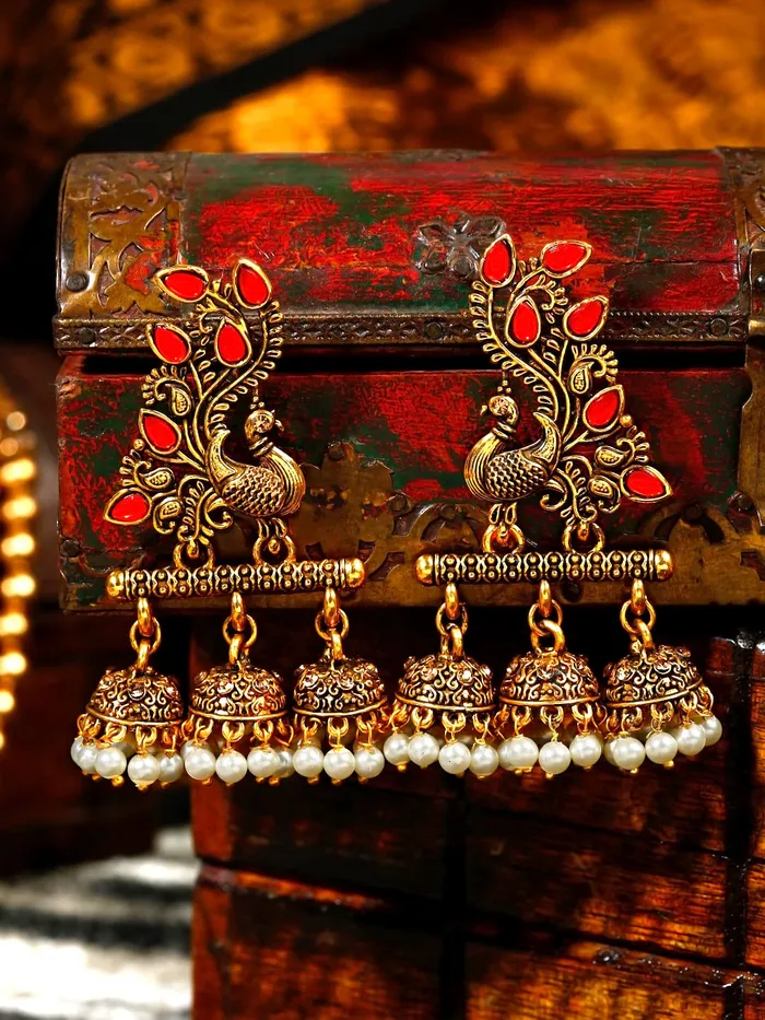 Yellow Chimes Earrings for Women Oxidised Gold Pink Crystal Studded Peacock Designed Jhumka Jhumki Earrings for Women and Girls Yellow Chimes Earrings