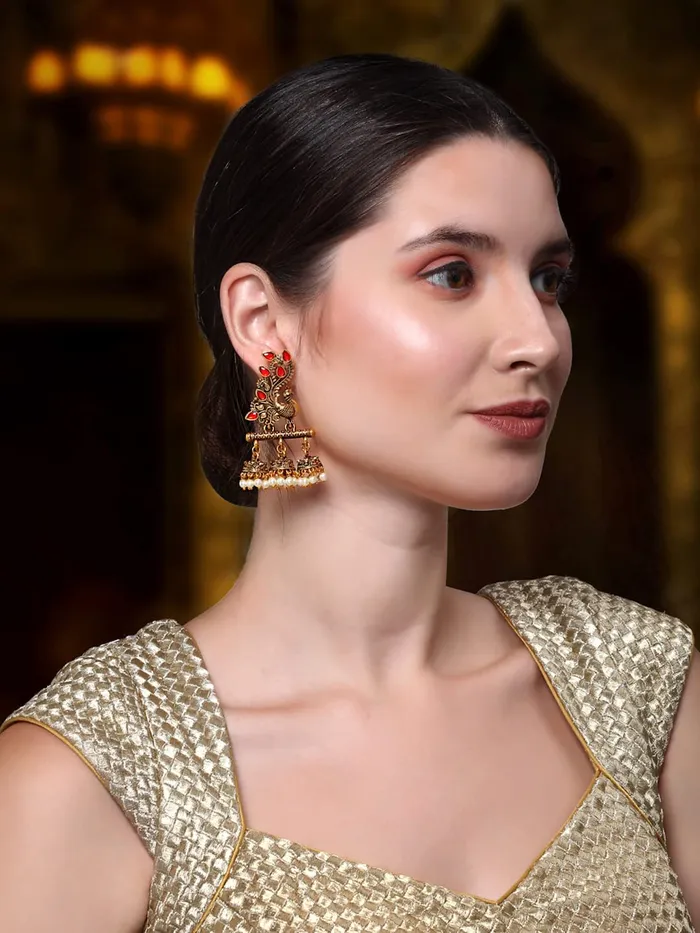 Yellow Chimes Earrings for Women Oxidised Gold Pink Crystal Studded Peacock Designed Jhumka Jhumki Earrings for Women and Girls Yellow Chimes Earrings