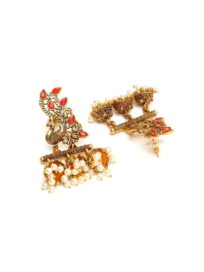 Yellow Chimes Earrings for Women Oxidised Gold Pink Crystal Studded Peacock Designed Jhumka Jhumki Earrings for Women and Girls Yellow Chimes Earrings