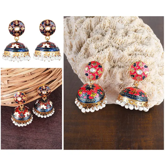 Yellow Chimes Earrings Yellow Chimes Earrings for Women and Girls Traditional Pearls Multicolor Meenakari Jhumka Floral Shaped Jhumki Combo Earrings Birthday Gift for Girls and Women Anniversary Gift for Wife