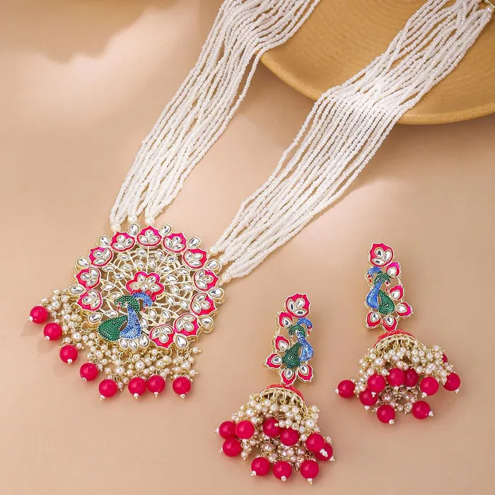 Yellow Chimes Necklaces Yellow Chimes Jewellery Set for Women and Girls Kundan Necklace Set Gold Plated Kundan Studded Peacock Designed Meenakari Touch Beads Beaded Necklace Set Anniversary Gift for Wife