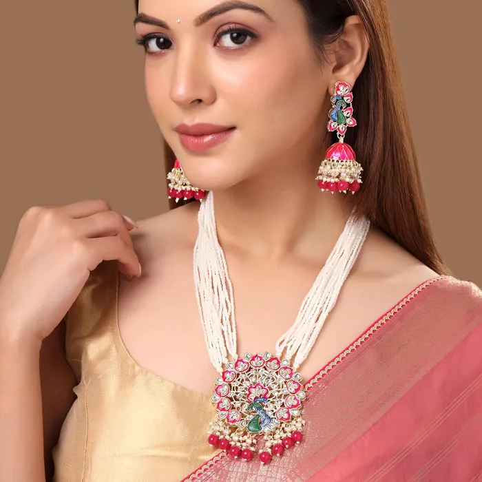 Yellow Chimes Necklaces Yellow Chimes Jewellery Set for Women and Girls Kundan Necklace Set Gold Plated Kundan Studded Peacock Designed Meenakari Touch Beads Beaded Necklace Set Anniversary Gift for Wife