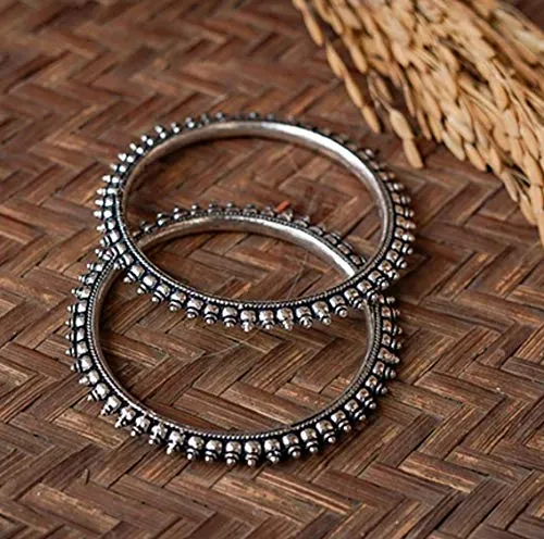 Yellow Chimes Oxidised Bangles for Women Silver Oxidised Bangles Traditional Rajwada Style Silver Bangles Set for Women and Girls Yellow Chimes Rings