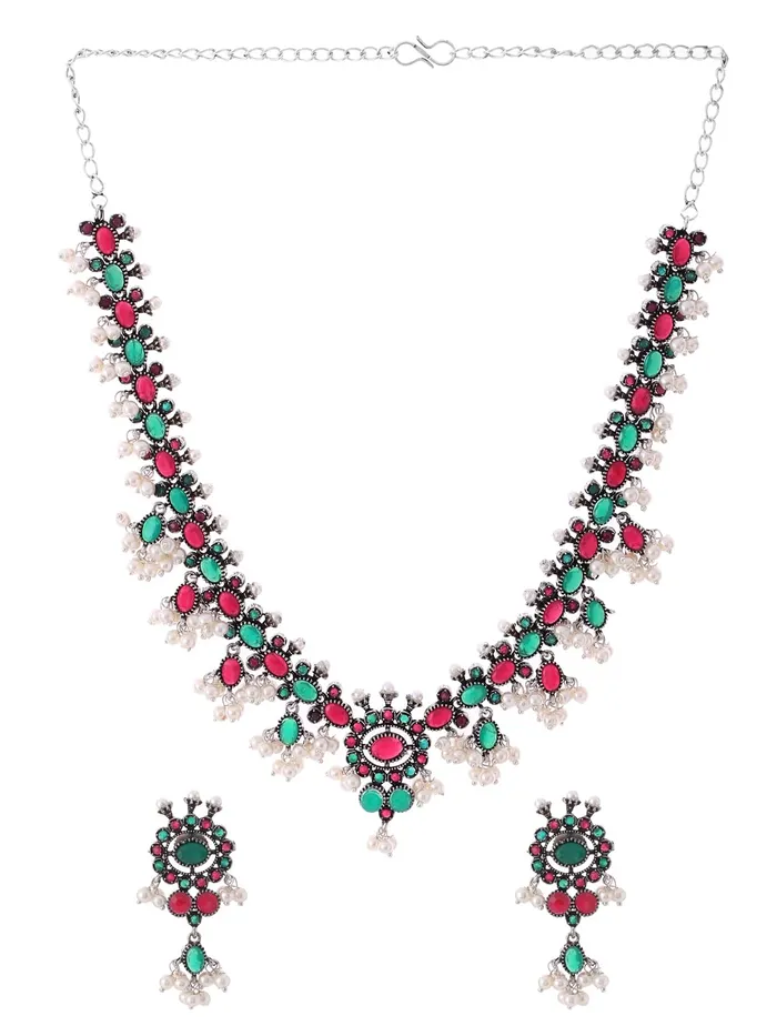 Yellow Chimes Oxidised Jewellery Set for Women Silver Oxidised Blue Studded Stones Choker Necklace Set for Women and Girls Yellow Chimes Necklaces