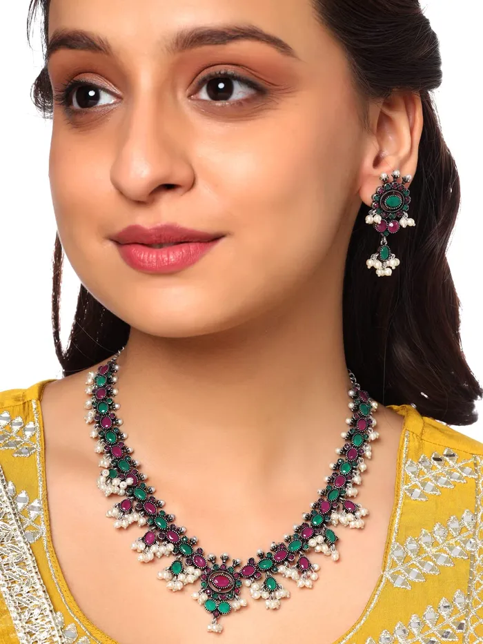 Yellow Chimes Oxidised Jewellery Set for Women Silver Oxidised Blue Studded Stones Choker Necklace Set for Women and Girls Yellow Chimes Necklaces