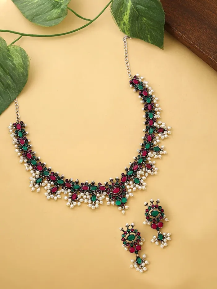 Yellow Chimes Oxidised Jewellery Set for Women Silver Oxidised Blue Studded Stones Choker Necklace Set for Women and Girls Yellow Chimes Necklaces