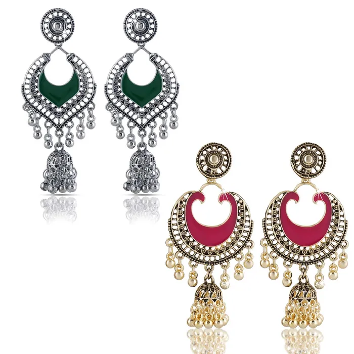 Yellow Chimes Yellow Chimes German Silver Oxidized Combo Of 2 Pair Ethnic Celebrity Choice Meenakari Touch Designer Chandbali Traditional JhumkaJhumki Earrings for Women Rings Yellow Chimes Yellow Chimes German Silver Oxidized Combo Of 2 Pair Ethnic Celebrity Choice Meenakari Touch Designer Chandbali Traditional JhumkaJhumki Earrings for Women Rings