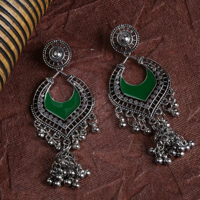 Yellow Chimes Yellow Chimes German Silver Oxidized Combo Of 2 Pair Ethnic Celebrity Choice Meenakari Touch Designer Chandbali Traditional JhumkaJhumki Earrings for Women Rings