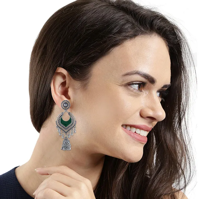 Yellow Chimes Yellow Chimes German Silver Oxidized Combo Of 2 Pair Ethnic Celebrity Choice Meenakari Touch Designer Chandbali Traditional JhumkaJhumki Earrings for Women Rings