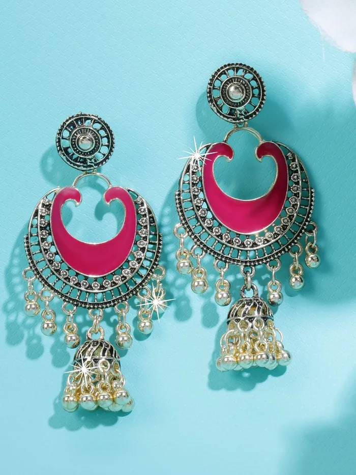 Yellow Chimes Yellow Chimes German Silver Oxidized Combo Of 2 Pair Ethnic Celebrity Choice Meenakari Touch Designer Chandbali Traditional JhumkaJhumki Earrings for Women Rings