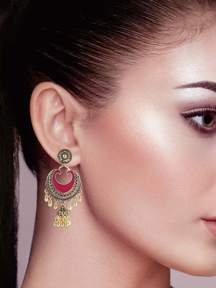 Yellow Chimes Yellow Chimes German Silver Oxidized Combo Of 2 Pair Ethnic Celebrity Choice Meenakari Touch Designer Chandbali Traditional JhumkaJhumki Earrings for Women Rings