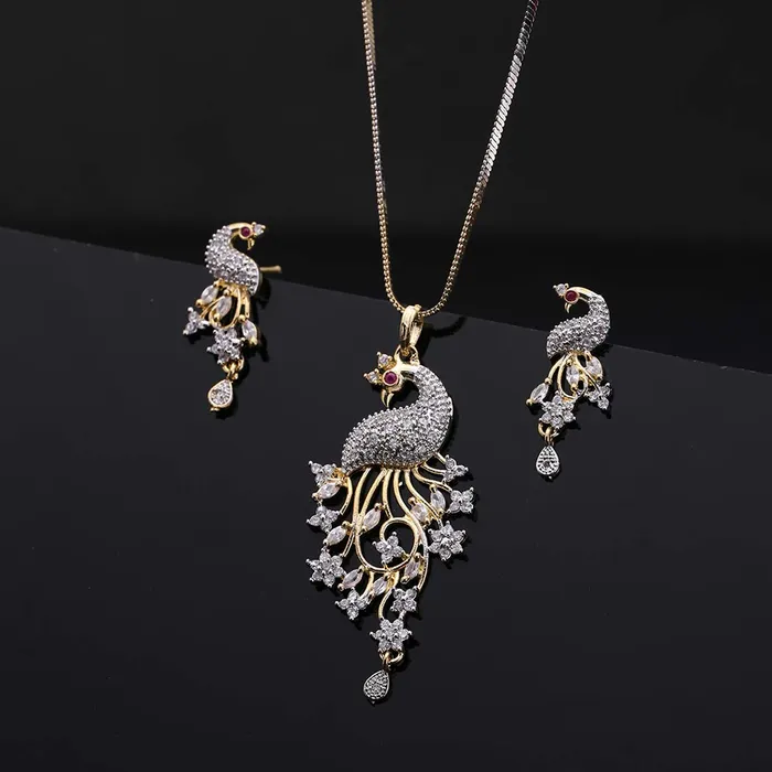 Yellow Chimes Yellow Chimes Sparkling ADAmerican Diamond Latest Fashion Elegant Peacock Shaped Dual Tone Jewellery Pendant Set with Earrings For Women Girls Earrings