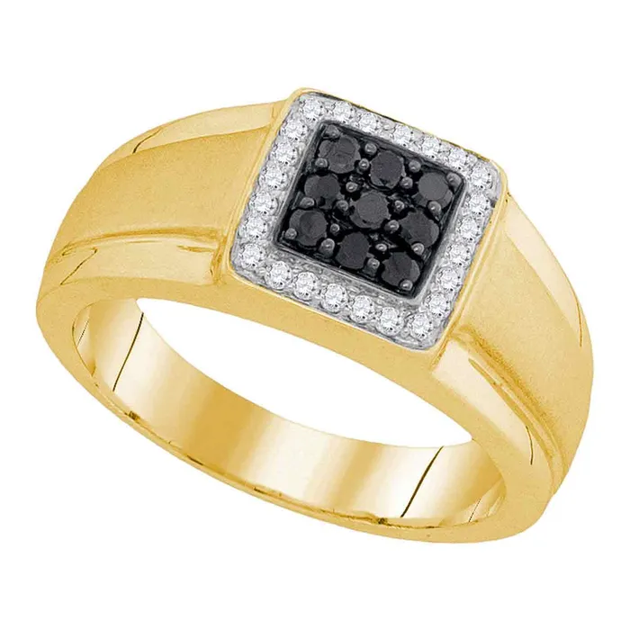 10kt Yellow Gold Mens Round Black Color Enhanced Diamond Square Cluster Ring 38 Cttw mayamila Rings
