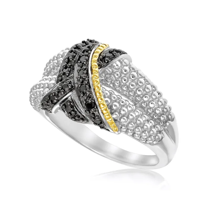 18k Yellow Gold Sterling Silver Entwined Popcorn Ring with Black Diamonds MayaMila Rings 18k Yellow Gold Sterling Silver Entwined Popcorn Ring with Black Diamonds MayaMila Rings