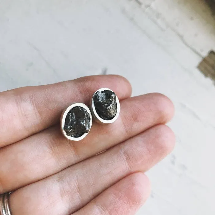 Authentic Meteorite Oval Stud Earrings Yugen Handmade Earrings