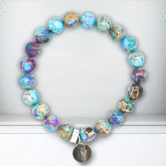 Blue Jasper Stone Flat Silver Bracelet 8 MM MF Bracelets
