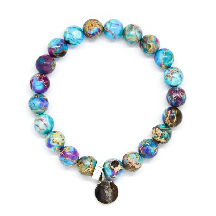 Blue Jasper Stone Flat Silver Bracelet 8 MM MF Bracelets