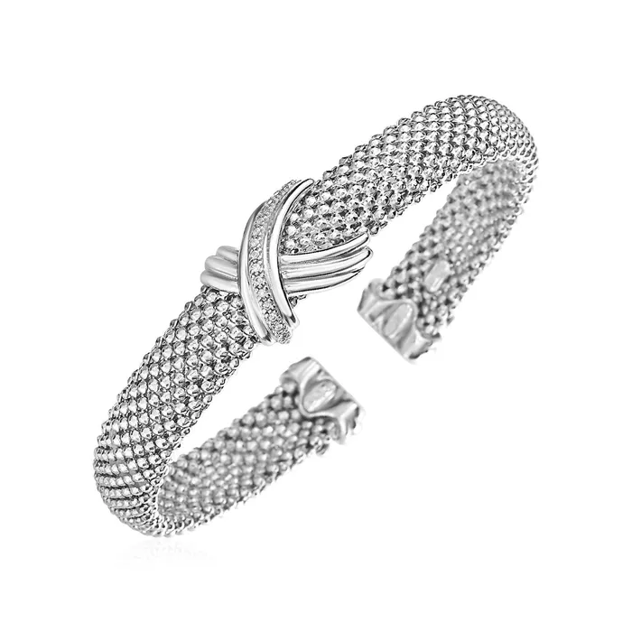 Bracelets MayaMila Popcorn Texture Cuff Bangle with X Motif and Diamonds in Sterling Silver Bracelets MayaMila Popcorn Texture Cuff Bangle with X Motif and Diamonds in Sterling Silver