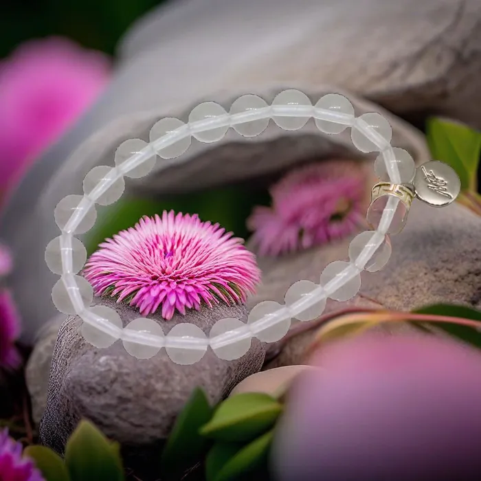 Bracelets MF Clear Quartz Flat Silver Bead Bracelet 8 MM