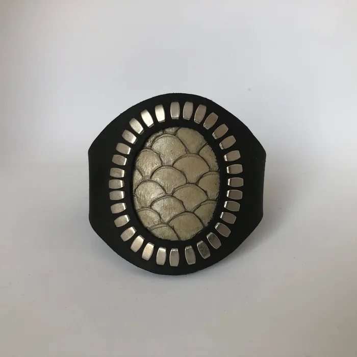Bracelets Rebeccah J Leather Mermaid Cuff Bracelet Silver Studded black leather with ivory fish skin