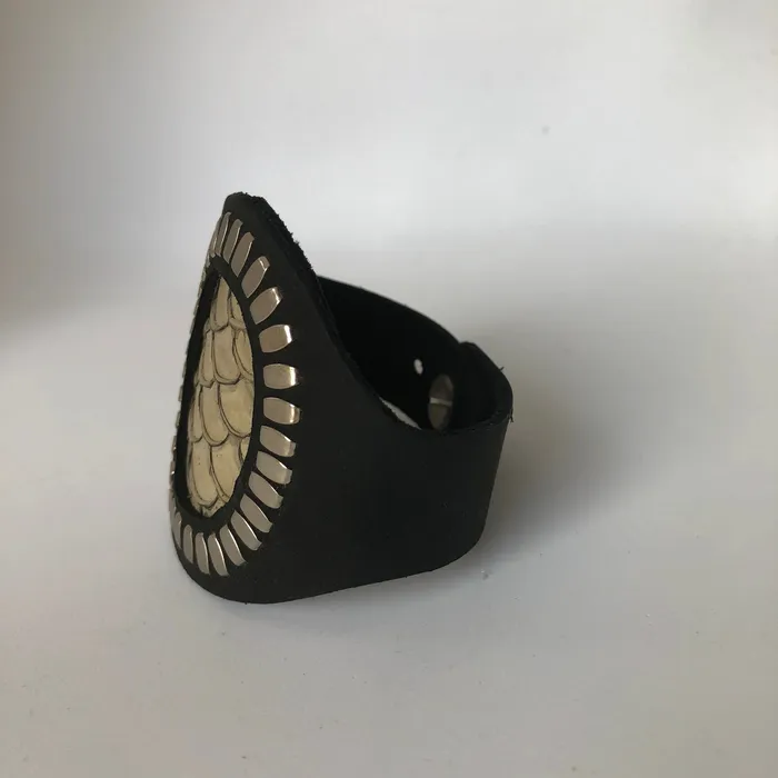 Bracelets Rebeccah J Leather Mermaid Cuff Bracelet Silver Studded black leather with ivory fish skin Bracelets Rebeccah J Leather Mermaid Cuff Bracelet Silver Studded black leather with ivory fish skin
