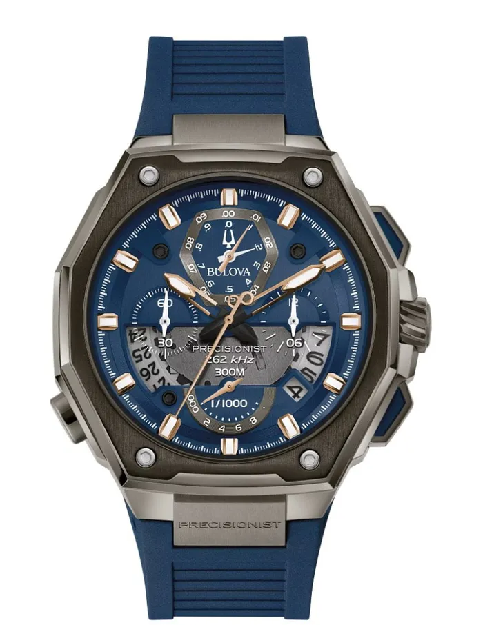 Bulova Watches BulovaPrecisionist Blue Dial Ruber Strap Automatic Watch 98B357