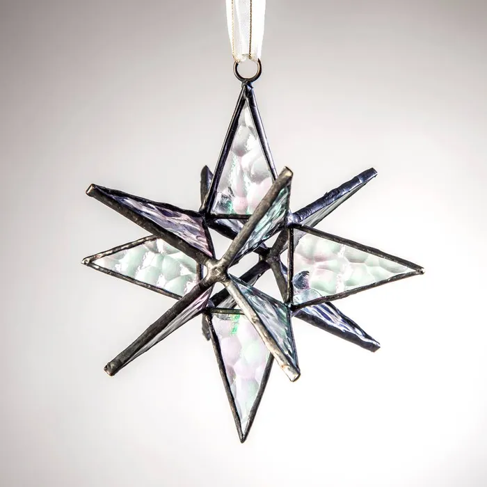 Earrings J Devlin Glass Art Bert Anderson Collection Moravian Star Ornament Clear Iridized Stained Glass