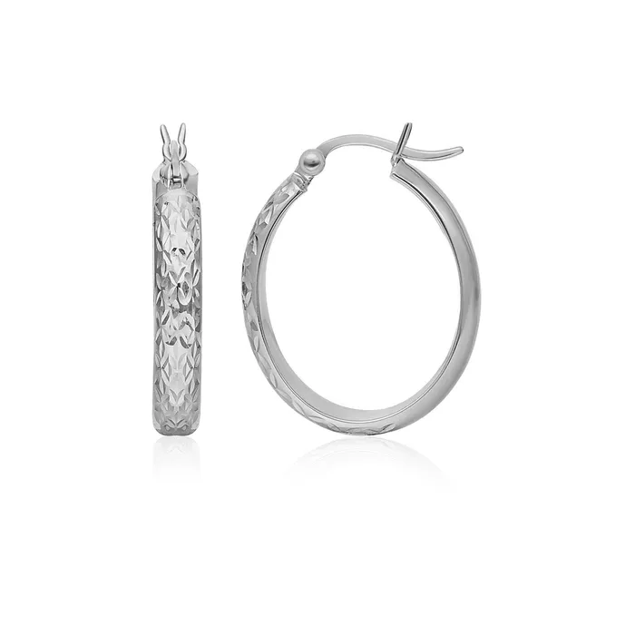 Earrings MayaMila 10k White Gold Hammered Oval Hoop Earrings