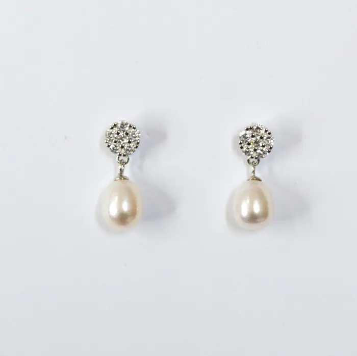 Earrings Mystic Flavia Flowery White Zircon Dangling Natural Pearl Silver Earrings Earrings Mystic Flavia Flowery White Zircon Dangling Natural Pearl Silver Earrings