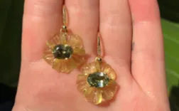 Earrings Tropical Flower One of a Kind 18k Yellow Gold Earrings set with Carved Beryl Flowers 1283 cts and Beryl 309 cts on Pave Earwires 03 cts Irene Neuwirth Earrings Tropical Flower One of a Kind 18k Yellow Gold Earrings set with Carved Beryl Flowers 1283 cts and Beryl 309 cts on Pave Earwires 03 cts Irene Neuwirth