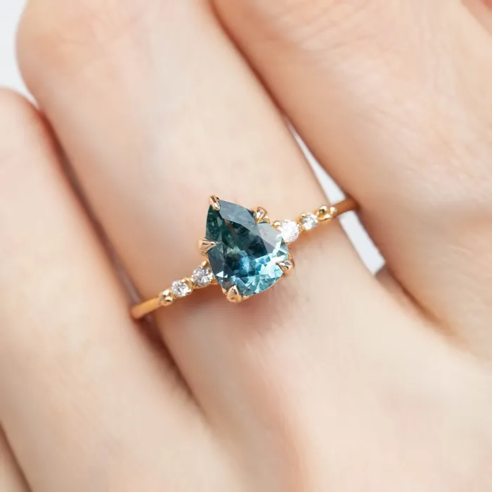 Envero Jewelry Estel Fleur Ring 141ct Blue Green Montana Sapphire 14K Yellow Gold One of a kind Rings Envero Jewelry Estel Fleur Ring 141ct Blue Green Montana Sapphire 14K Yellow Gold One of a kind Rings