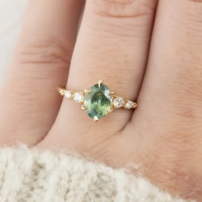 Envero Jewelry Rings Estel Fleur Six Prongs Ring Green Oval Montana Sapphire 14K Yellow Gold One of a kind